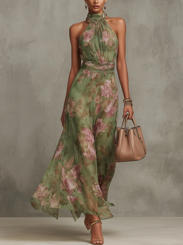 Robe Maxi Fluide en Chiffon Vert Encolure Halter