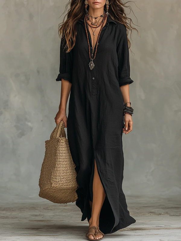 Vestido Maxi Largo Negro con Botones – Elegancia Atemporal