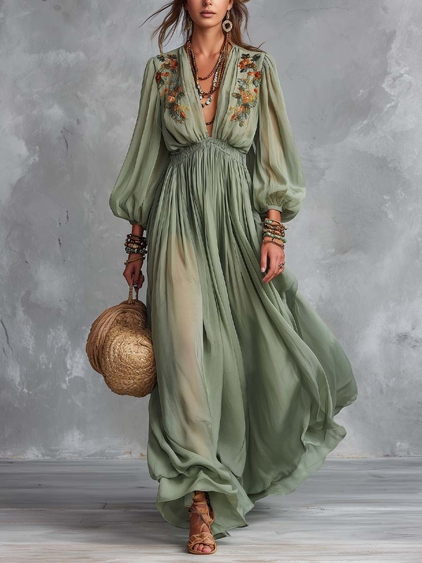 Vestido Largo Fluido con Estampado Floral - Elegancia Bohemia
