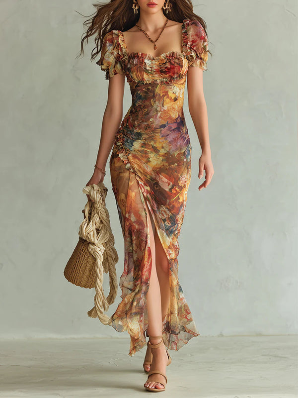 Robe Maxi Fluide Imprimé Abstrait Orangé