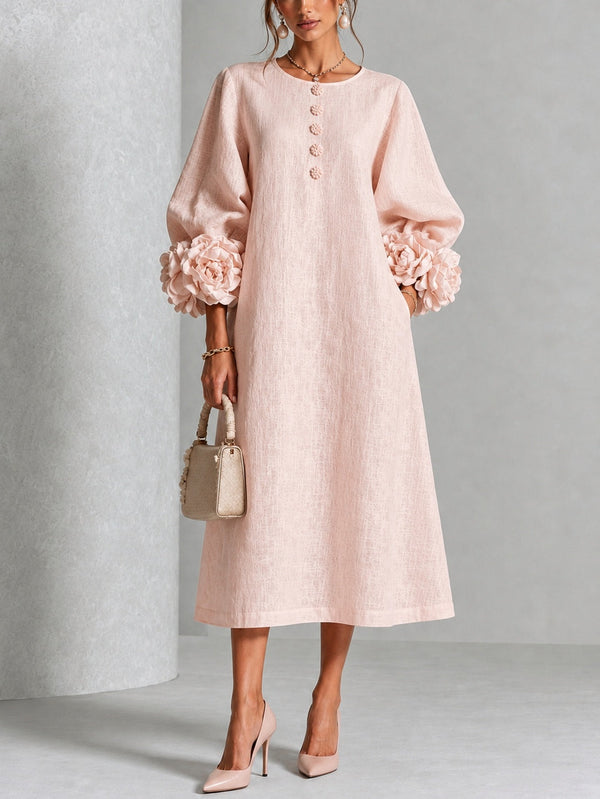 Fleurine - Robe Midi Boutonnée à Manches Fleuries