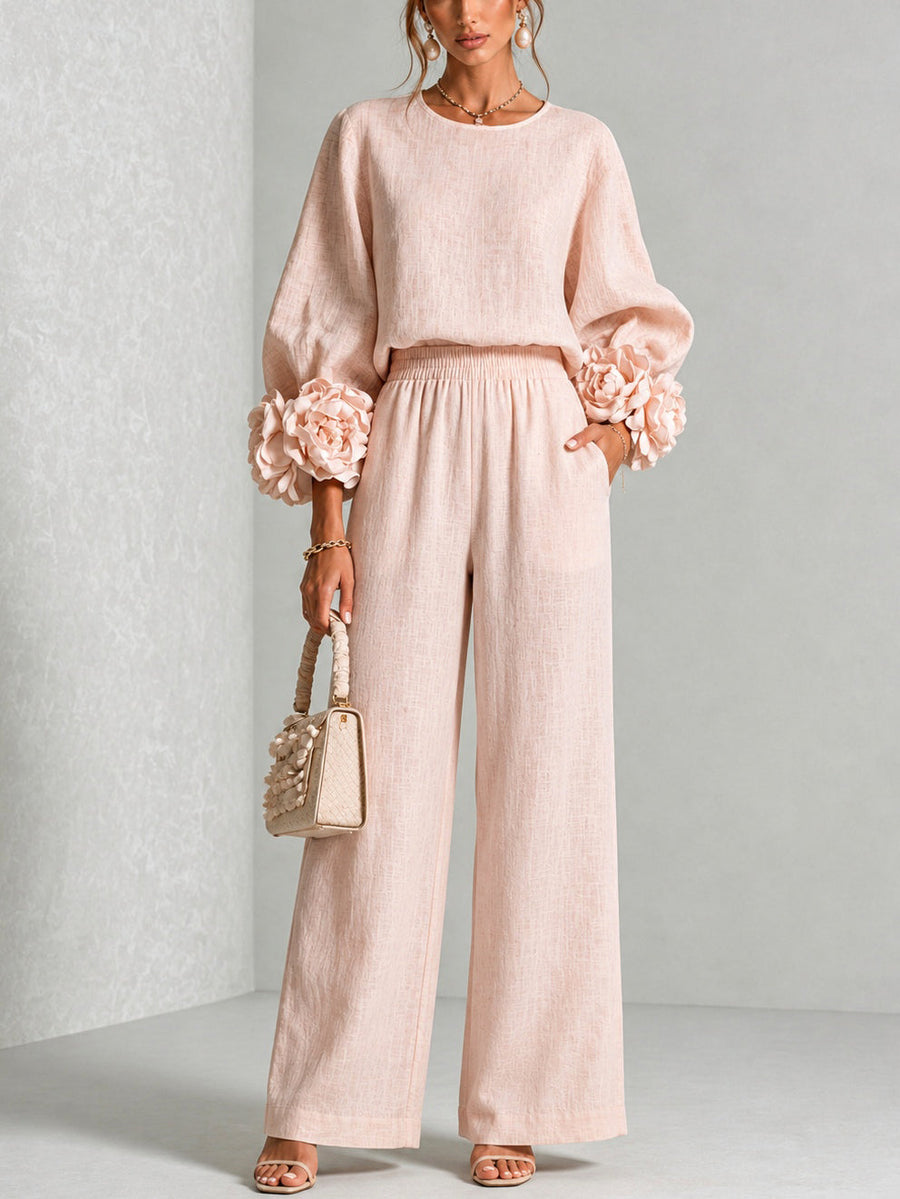 Ensemble Rosalie rose — blouse ample aux manches fleuries et pantalon large, vue de face