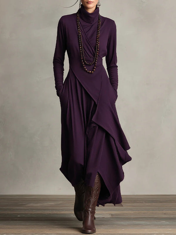 Robe longue drapée Claire - Maxi robe élégante col montant pour femme