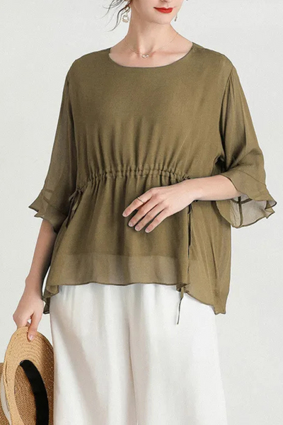 Zalani | Summer Short-Sleeve Plus Size Slimming Silk Blouse