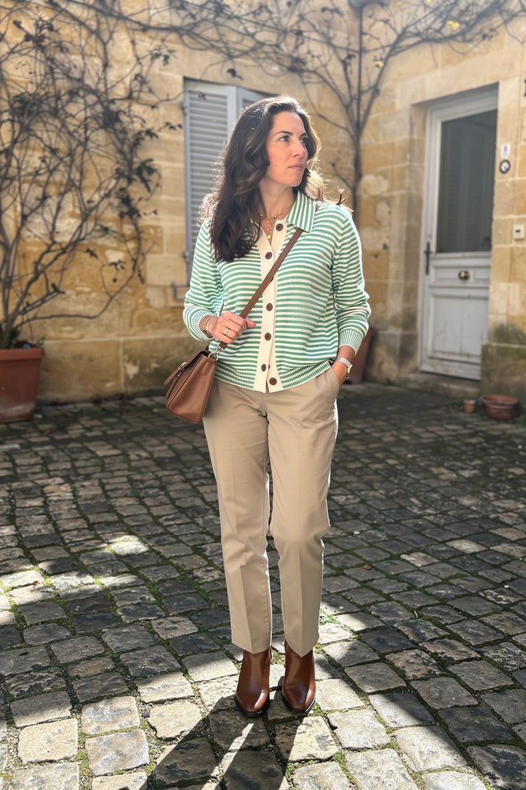 Cardigan Rayé Boutonnage Complet — Vert — Estée Paris