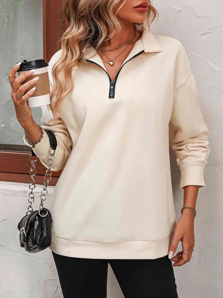 Sweat Col Zippé Demi-Hauteur Épaules Tombantes
