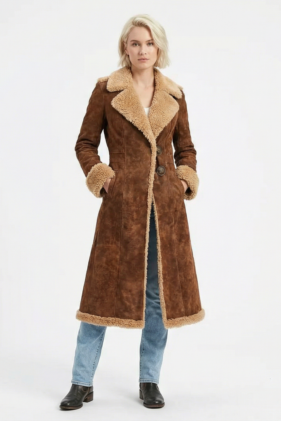Manteau Long Effet Fourrure à Boutons