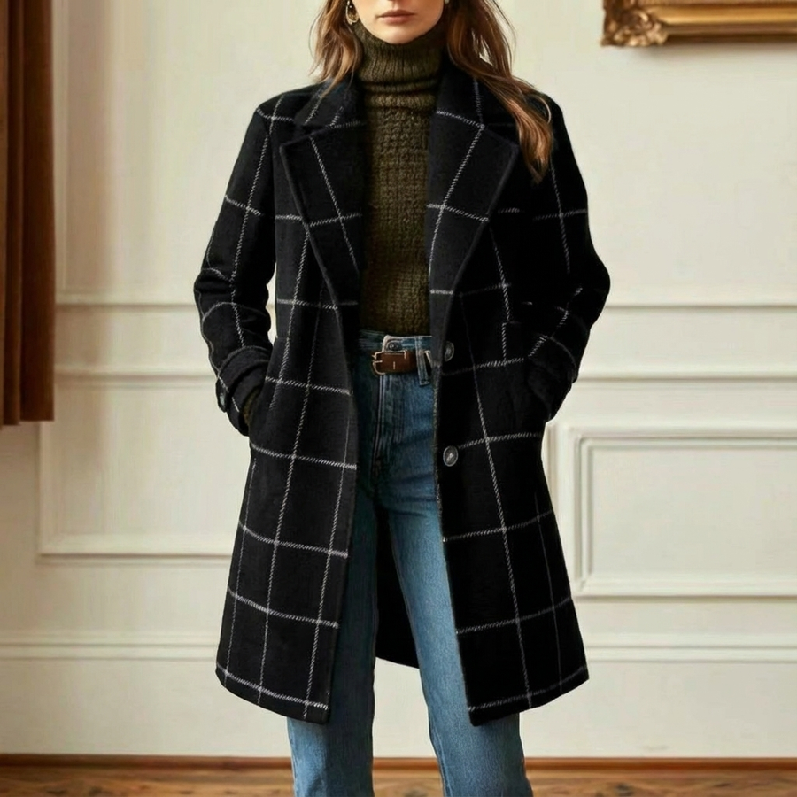 Manteau Long Croisé à Carreaux Verts