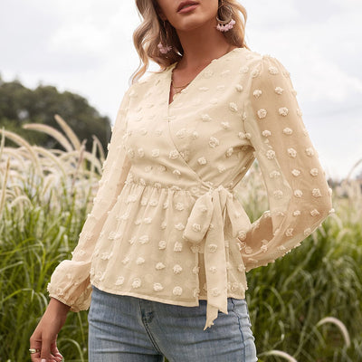 Anita - Blouse de printemps en dentelle jacquard avec col en V pour femme