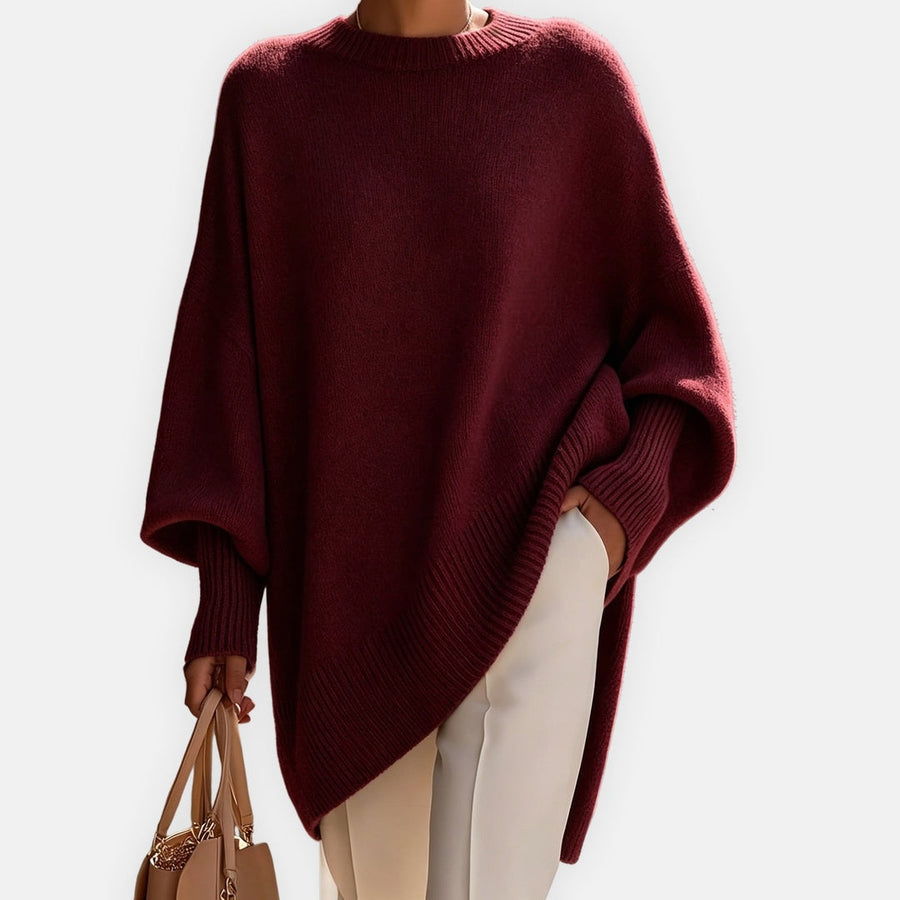 Pull Adrienne bordeaux — vue de face, coupe ample et col montant souple