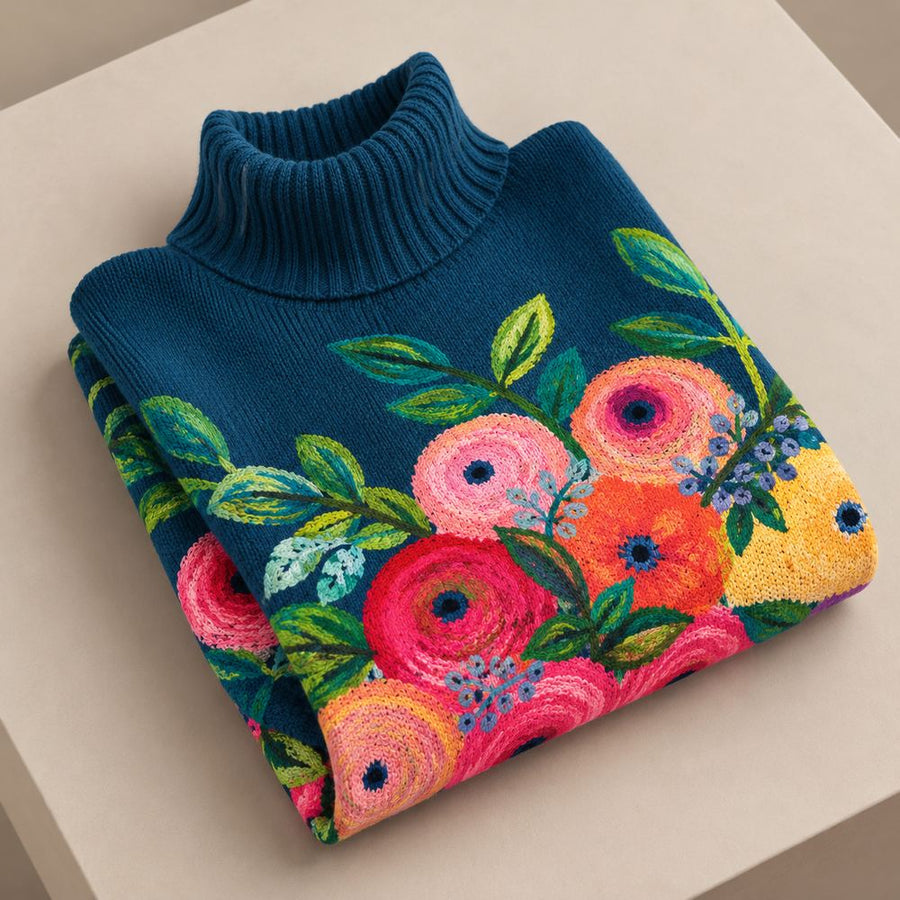 Pull Col Montant à Broderies Florales