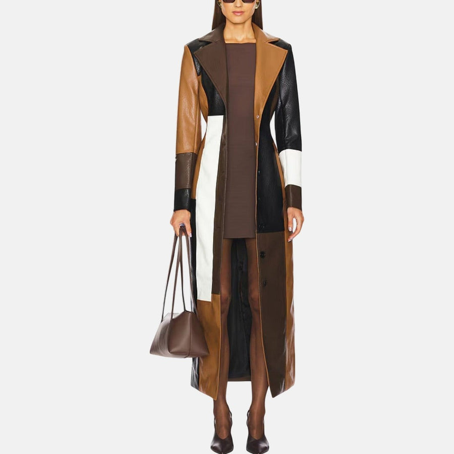 Manteau Long Patchwork Graphique Camel Chocolat Noir Blanc