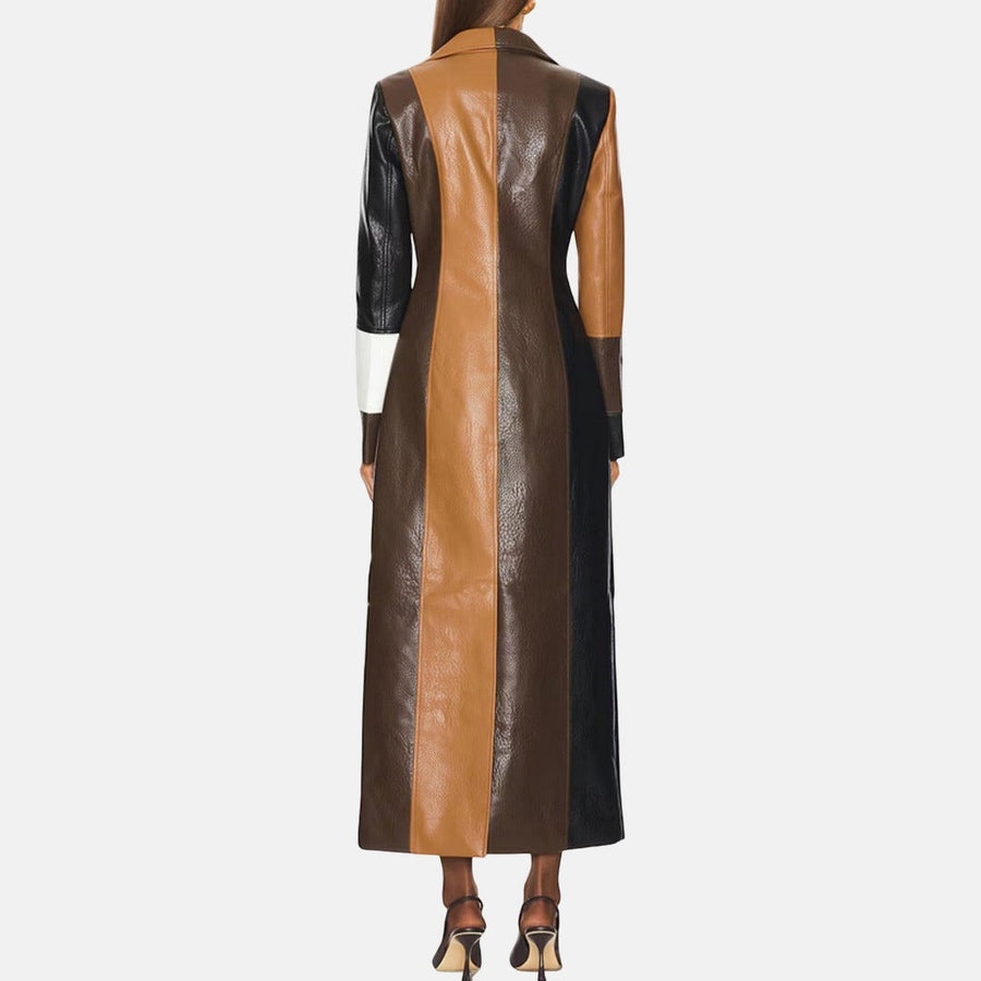 Manteau Long Patchwork Graphique Camel Chocolat Noir Blanc