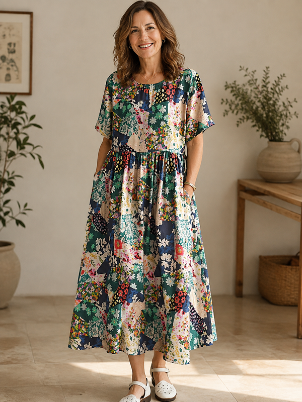 Robe Midi Fleurie Patchwork - Style Vintage Intemporel