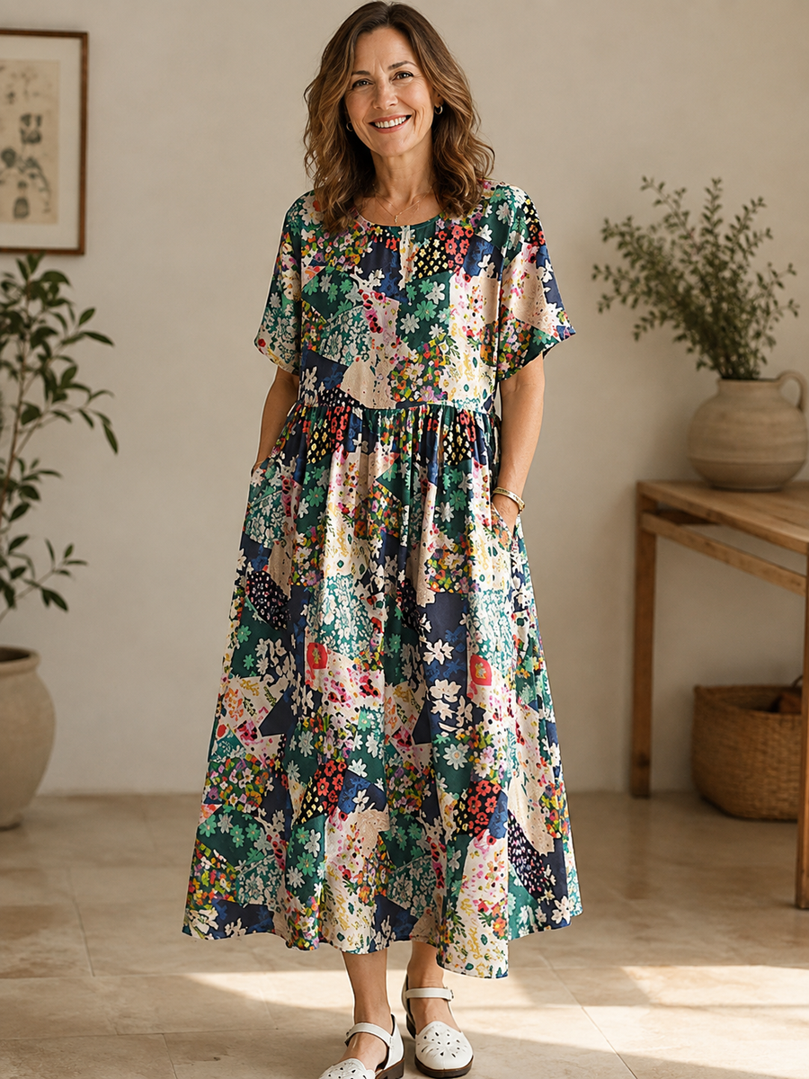 Robe Midi Fleurie Patchwork — vue de face en buste avec col rond et manches courtes