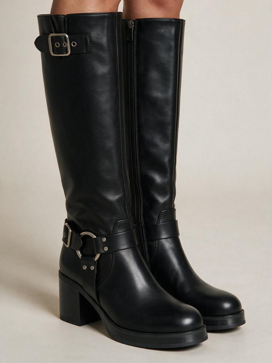 Botas Altas de Tacão de Bloco e Fecho de Correr