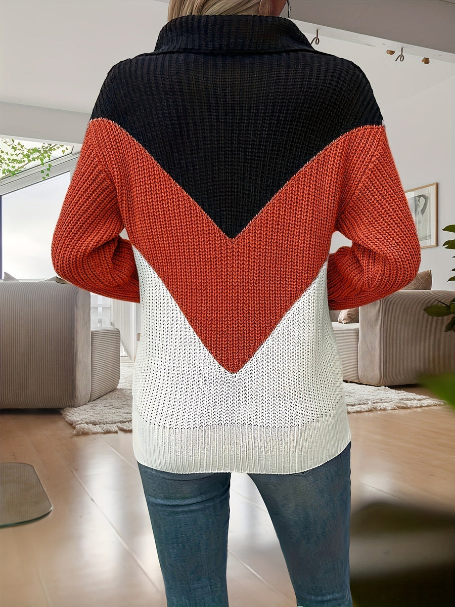 Pull Col V Colour-Block à Demi-Zip