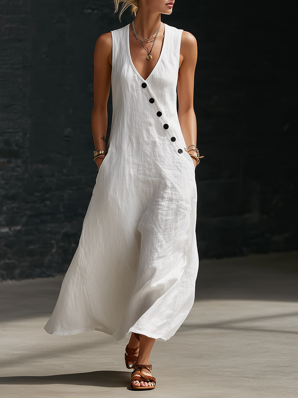Robe Maxi Femme Boutonnée Fluide - Élégance Minimaliste Quotidienne