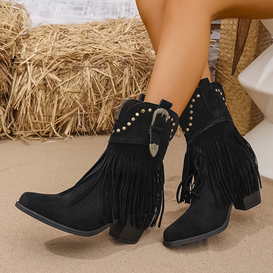 Botas com Franjas e Salto Quadrado