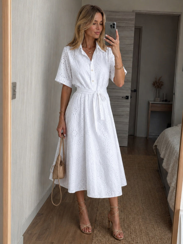 Vestido midi camisero bordado con cinturón integrado - Mujer