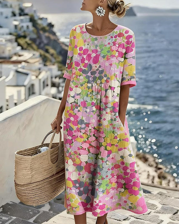 Robe mi-longue femme imprimé floral abstrait