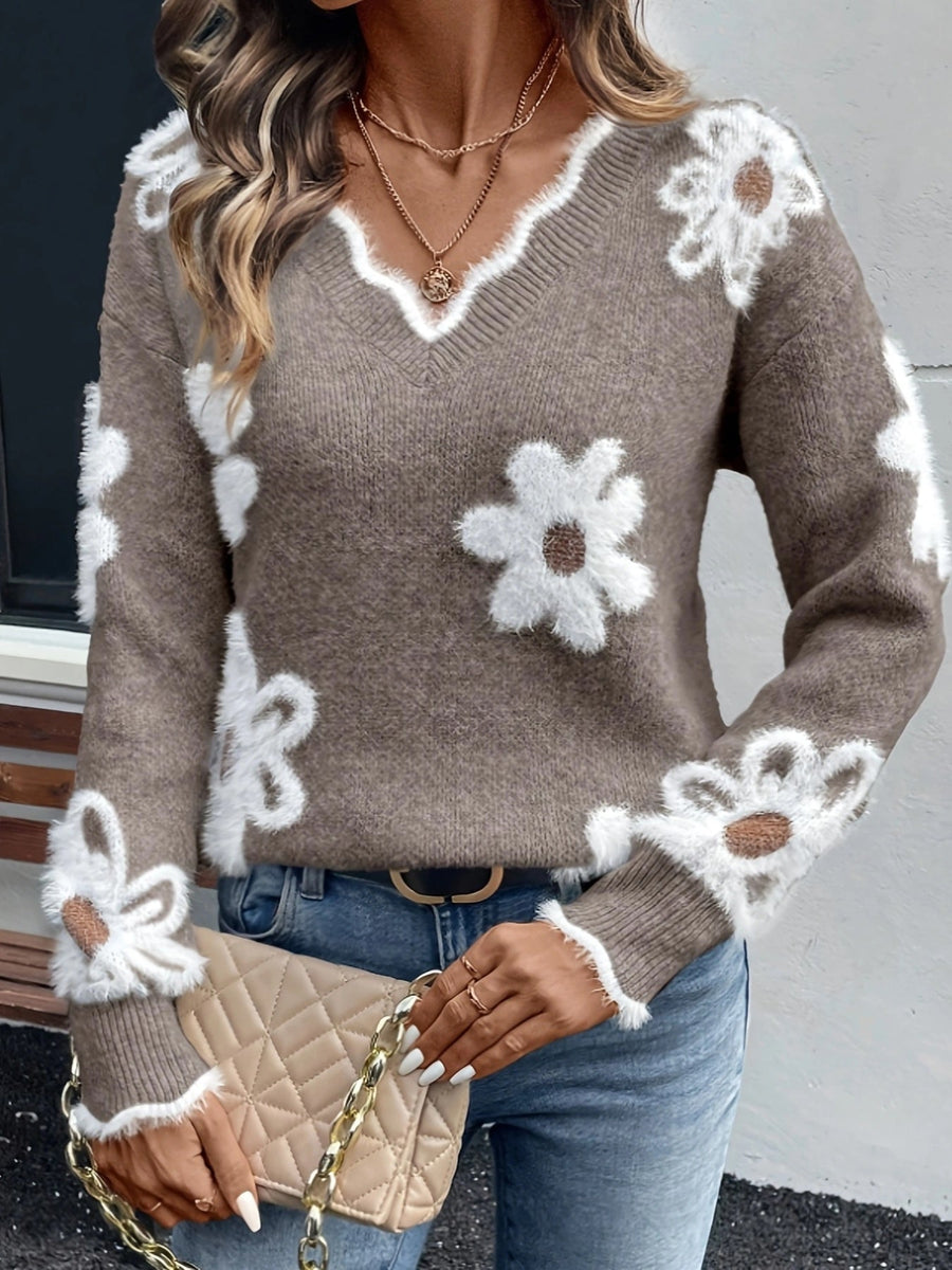 Pull Col V Fleuri Élégant