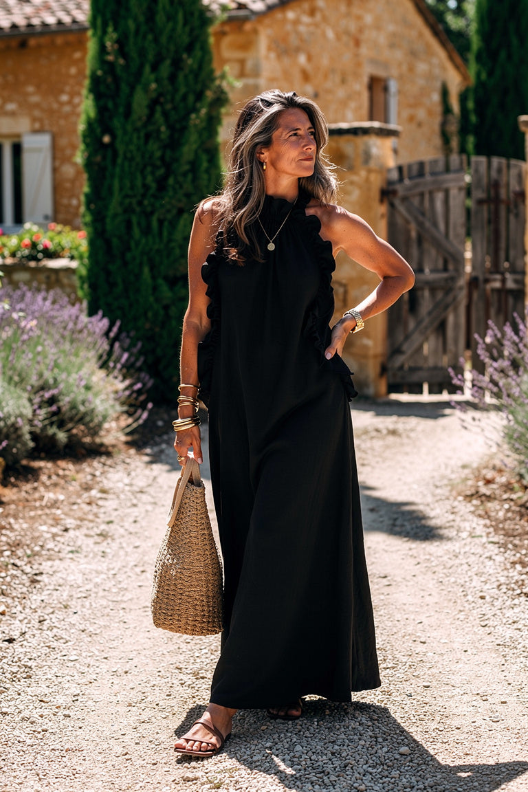 Robe Longue Fluide avec Poches - Coupe Elegante sans Manches — Noir — Estée Paris
