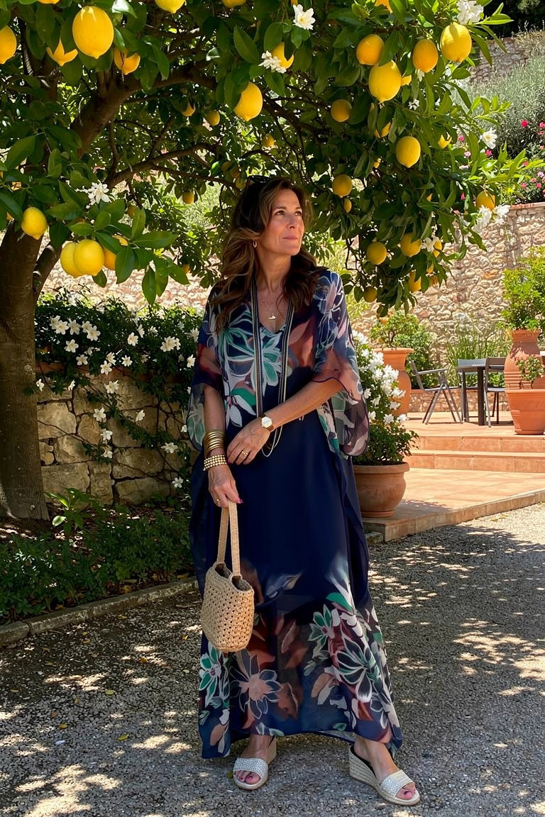 Robe Maxi Fluide Imprimée - Élégance Estivale — Bleu Marine — Estée Paris