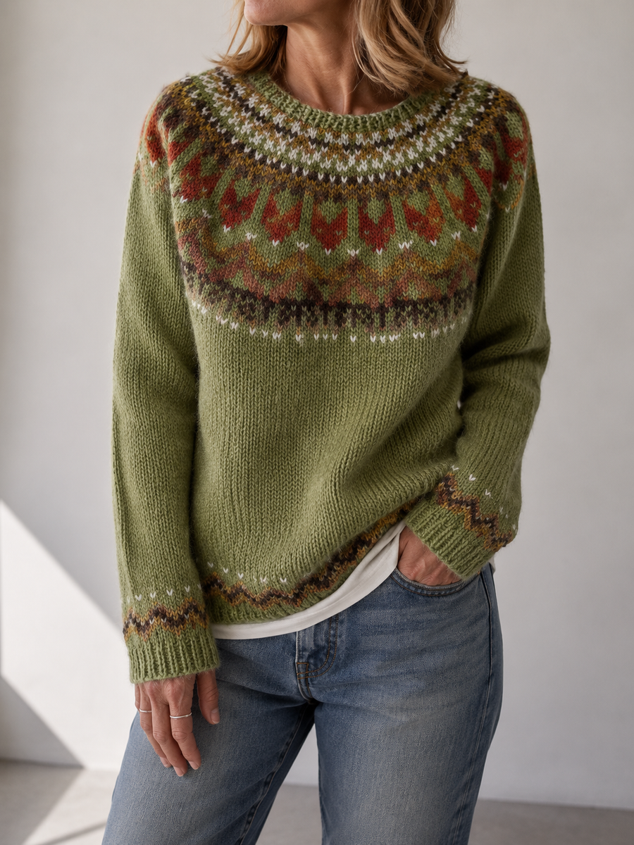 Pull col montant jacquard épaulettes — porté vue d'ensemble