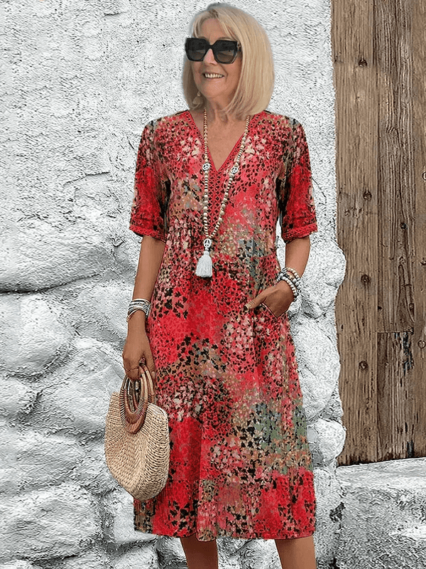 Robe d'Été Fluide à Encolure V et Motif Floral - Coupe Ample Décontractée