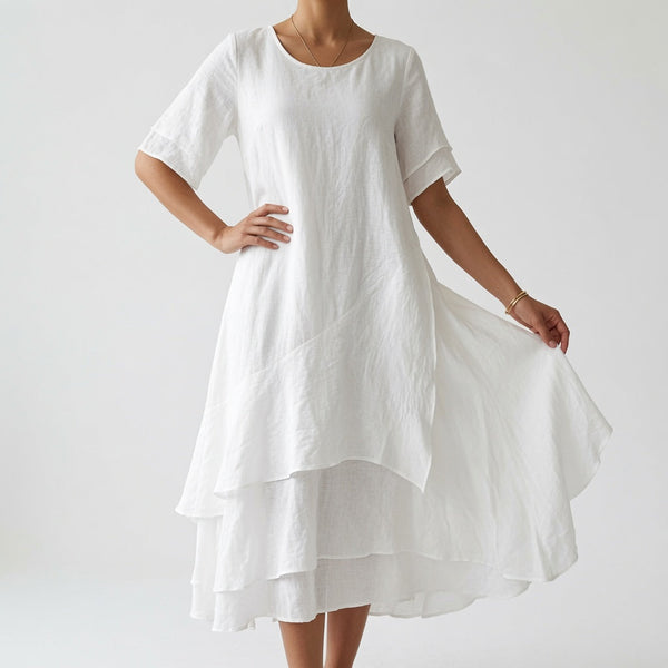 Vestido midi fluido de cuello redondo con bajo escalonado y corte amplio