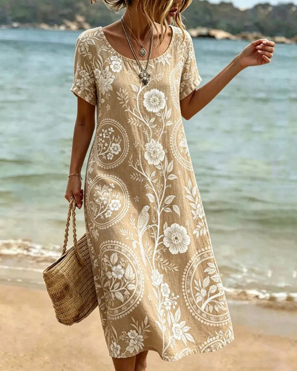 Loane - Robe Midi Femme Imprimé Botanique et Oiseau Col Rond