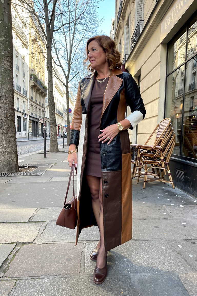 Manteau Long Patchwork Graphique Camel Chocolat Noir Blanc — S — Esteé Paris