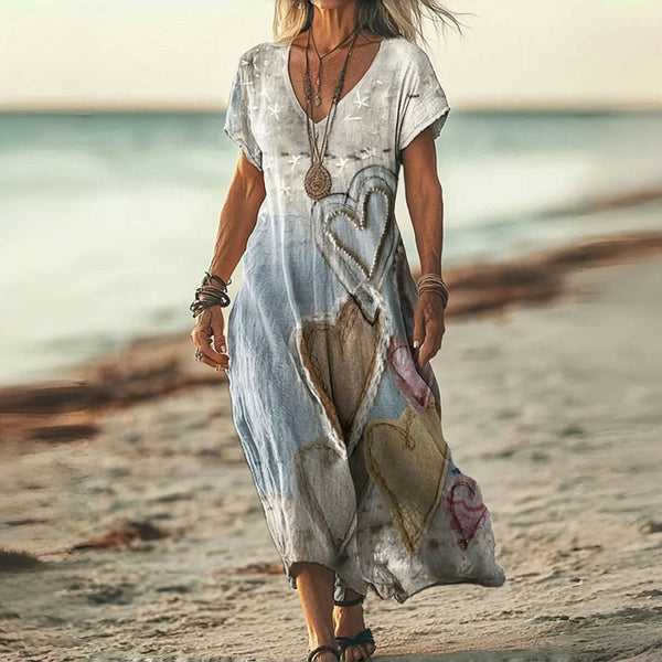 Vestido midi romántico con estampado de corazones y escote en V para mujer