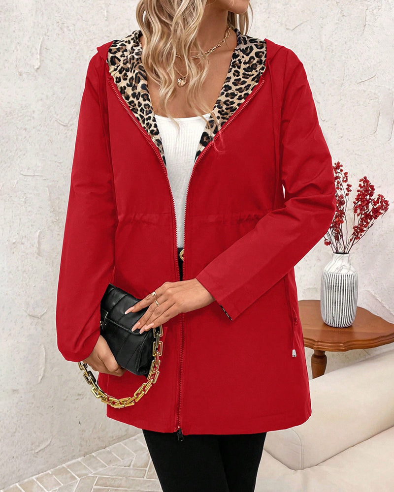 Manteau Mi-long Réversible à Capuche Léopard
