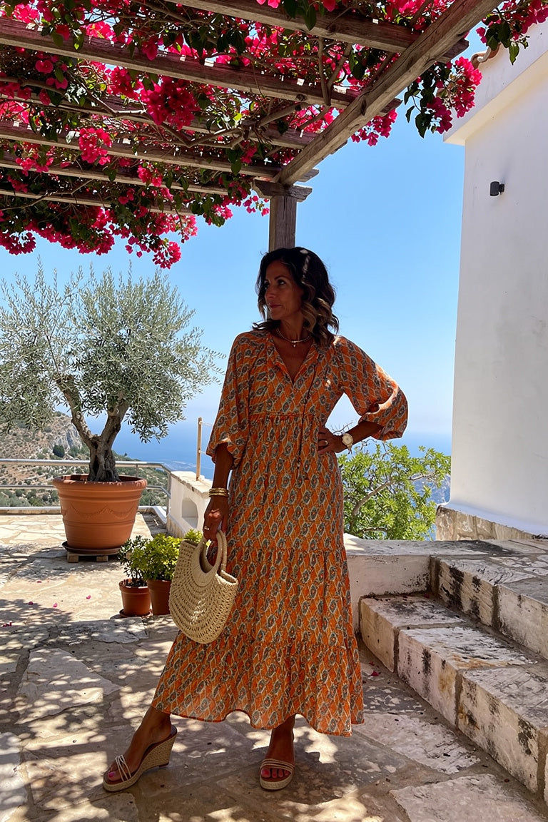 Robe Midi Fluide à Motifs Géométriques et Encolure Plongeante — S — Estée Paris