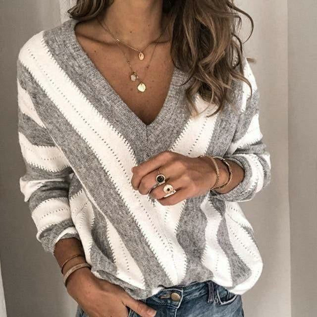 Pull rayé gris col V manches longues — vue d'ensemble