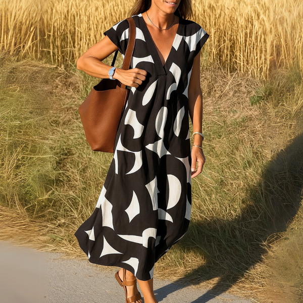 Vestido midi veraniego con estampado geométrico - Escote en V para mujer