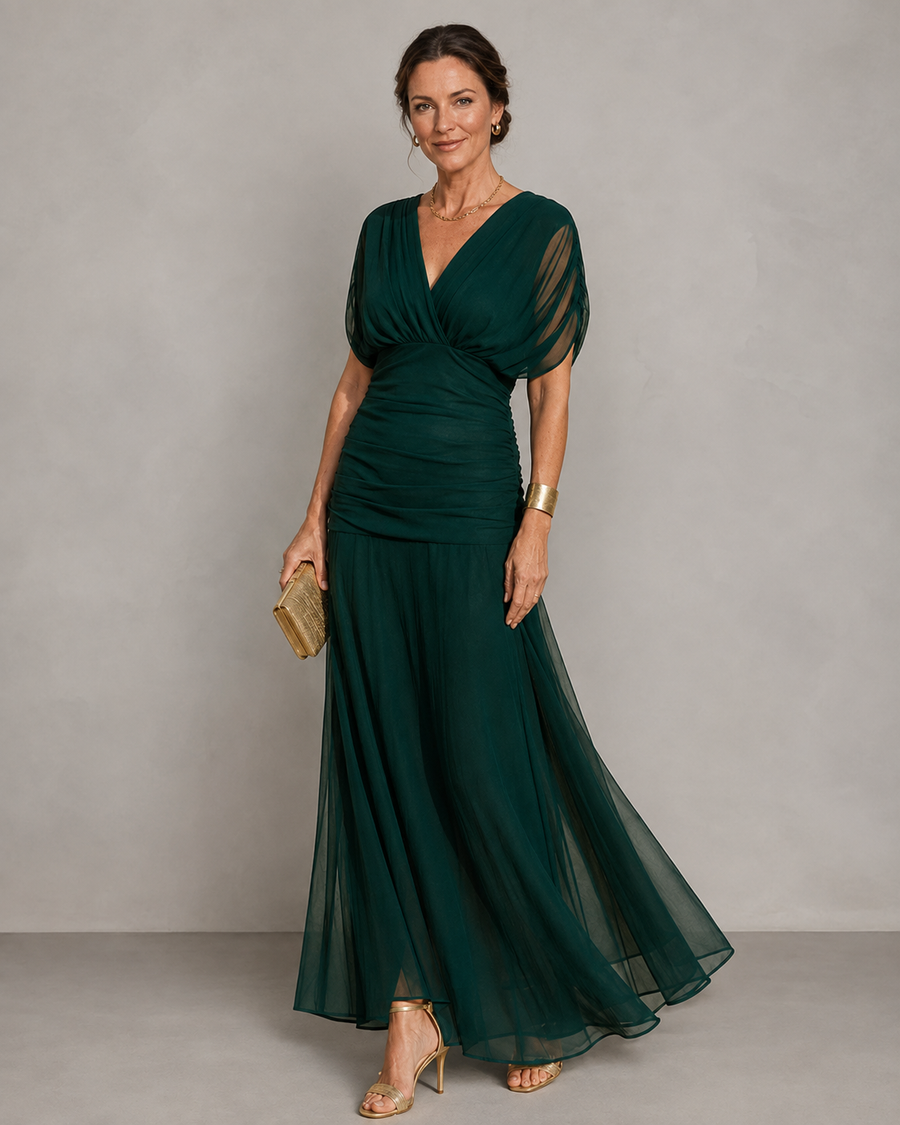 Bérénice robe de soirée — détail du buste froncé et jupe ample
