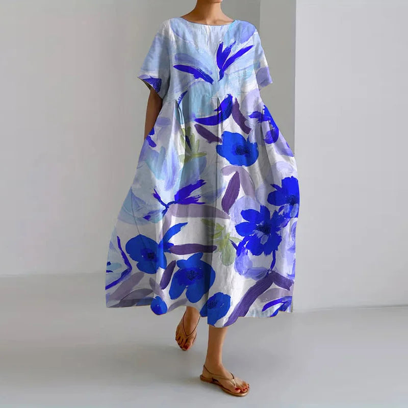 Robe Rosanna imprimé botanique — vue de profil, tombé fluide