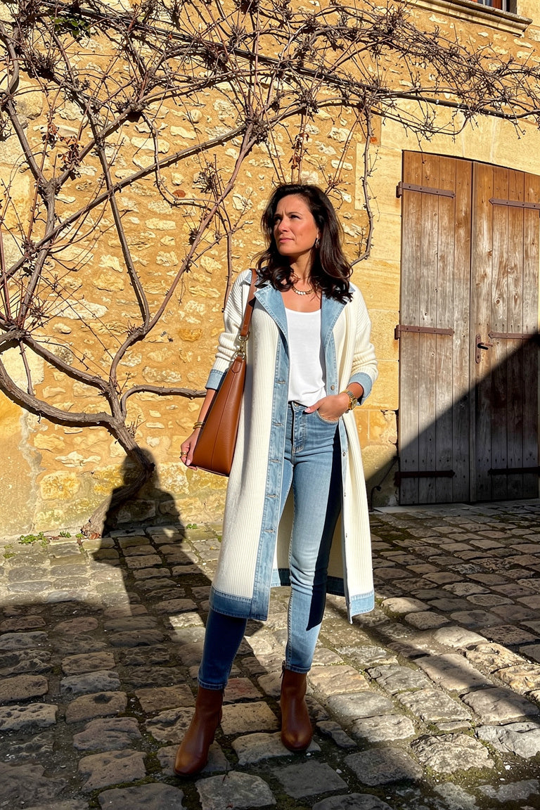 Cardigan Long Boutonné aux Détails Contrastants — Blanc — Esteé Paris