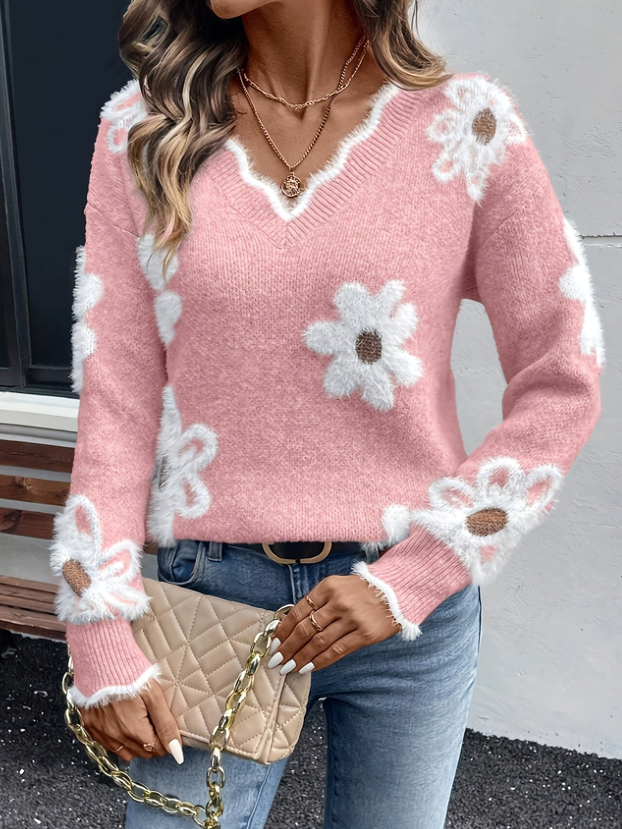 Pull Col V Fleuri Élégant