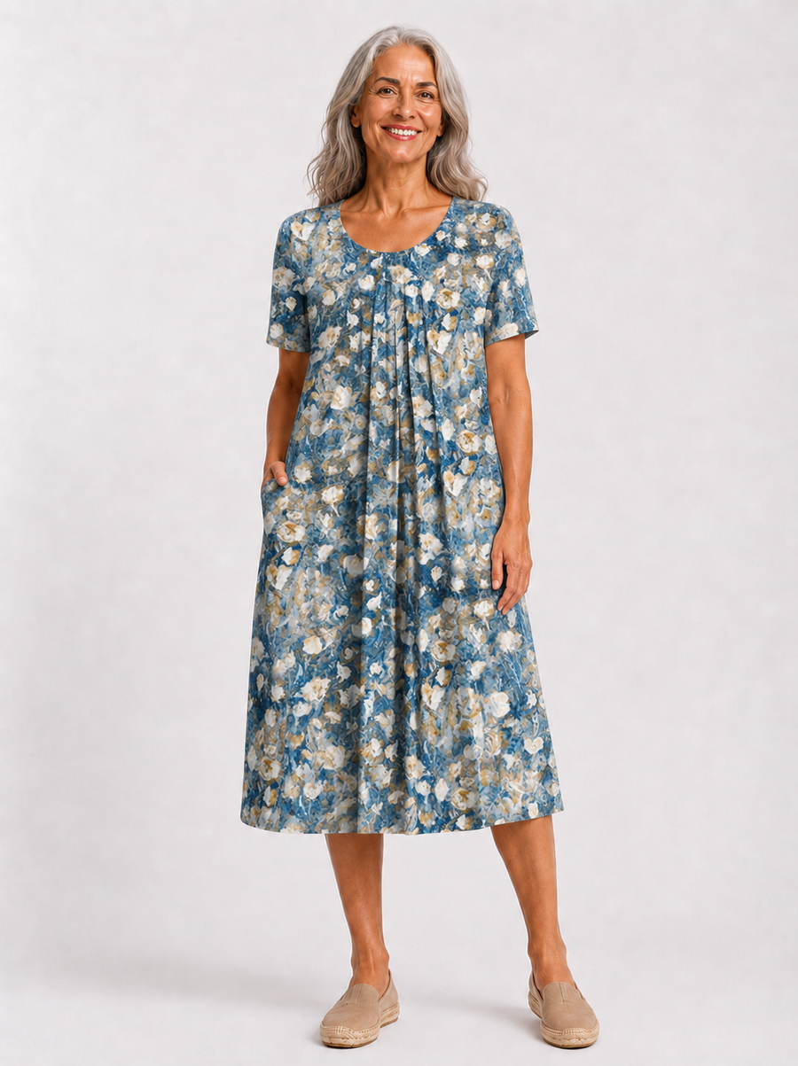 Robe Georgina — coloris bleu clair floral, vue studio de face