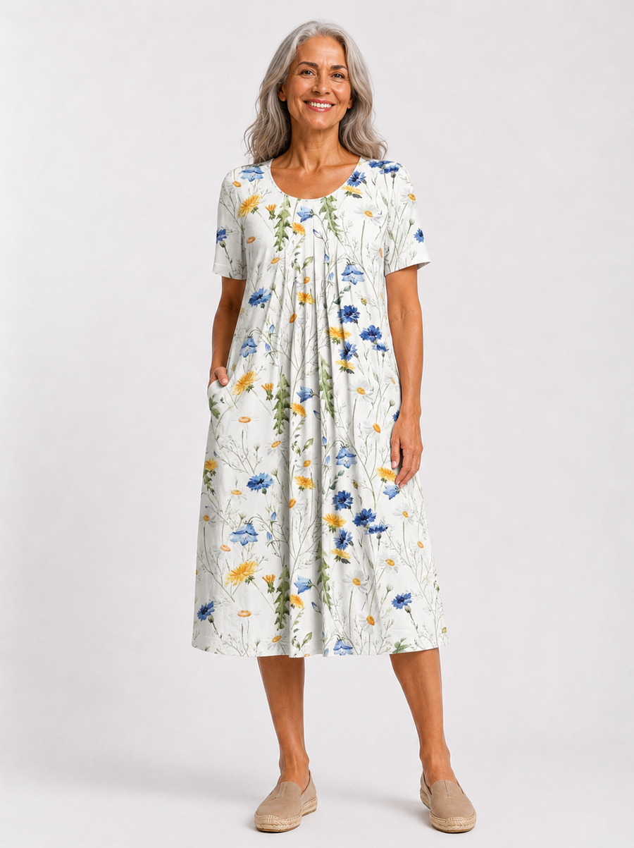 Robe Georgina — coloris jaune floral, vue studio de face
