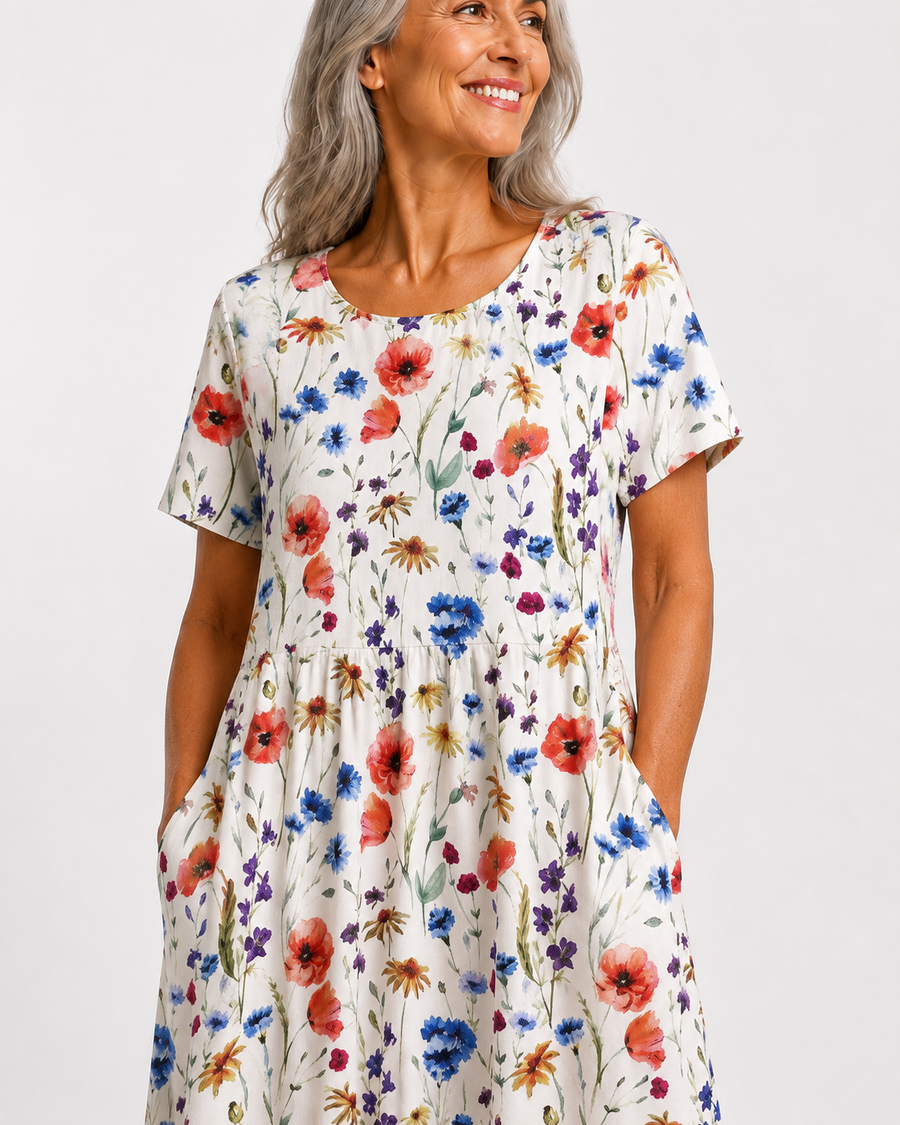 Robe Georgina — vue de marche, fluide et mouvement du tissu