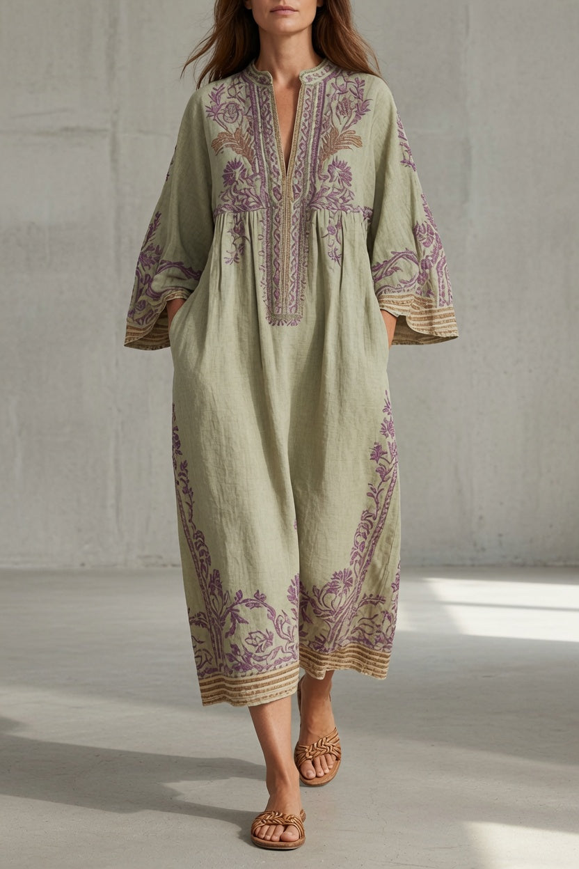 Robe Fluide Natalie — vue de face, silhouette fluide avec broderies délicates