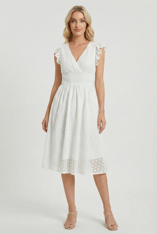 Robe Midi Femme Évasée - Ceinture Froncée et Manches Volantées | Élégance Quotidienne