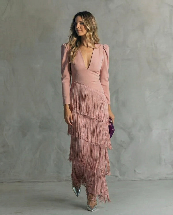 Maria | Robe Midi Élégante aux Manches Franges