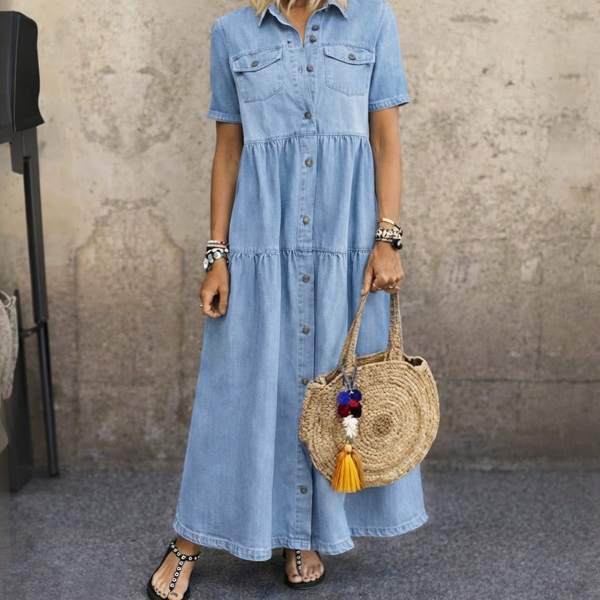 Faustine - Vestido Camiseiro Comprido com Botões e Folhos