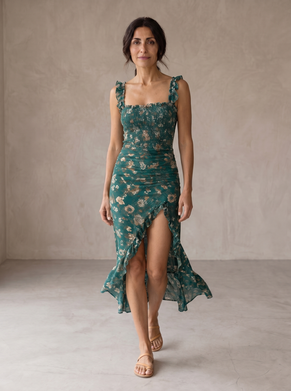 Robe Midi Bohème Fluide à Volants - Imprimé Rétro Chic